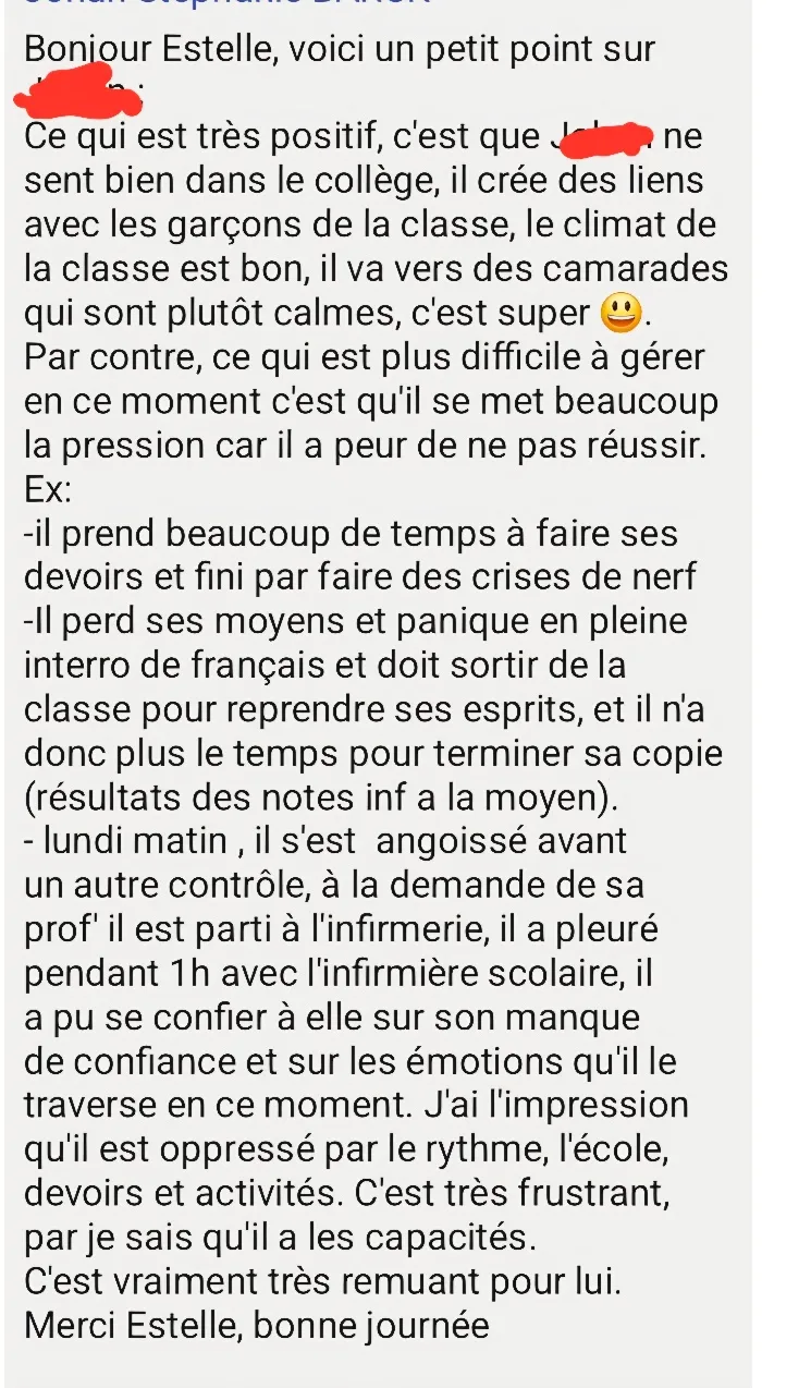 Message d'un parent accompagné par Estelle Olivier — avis n°13