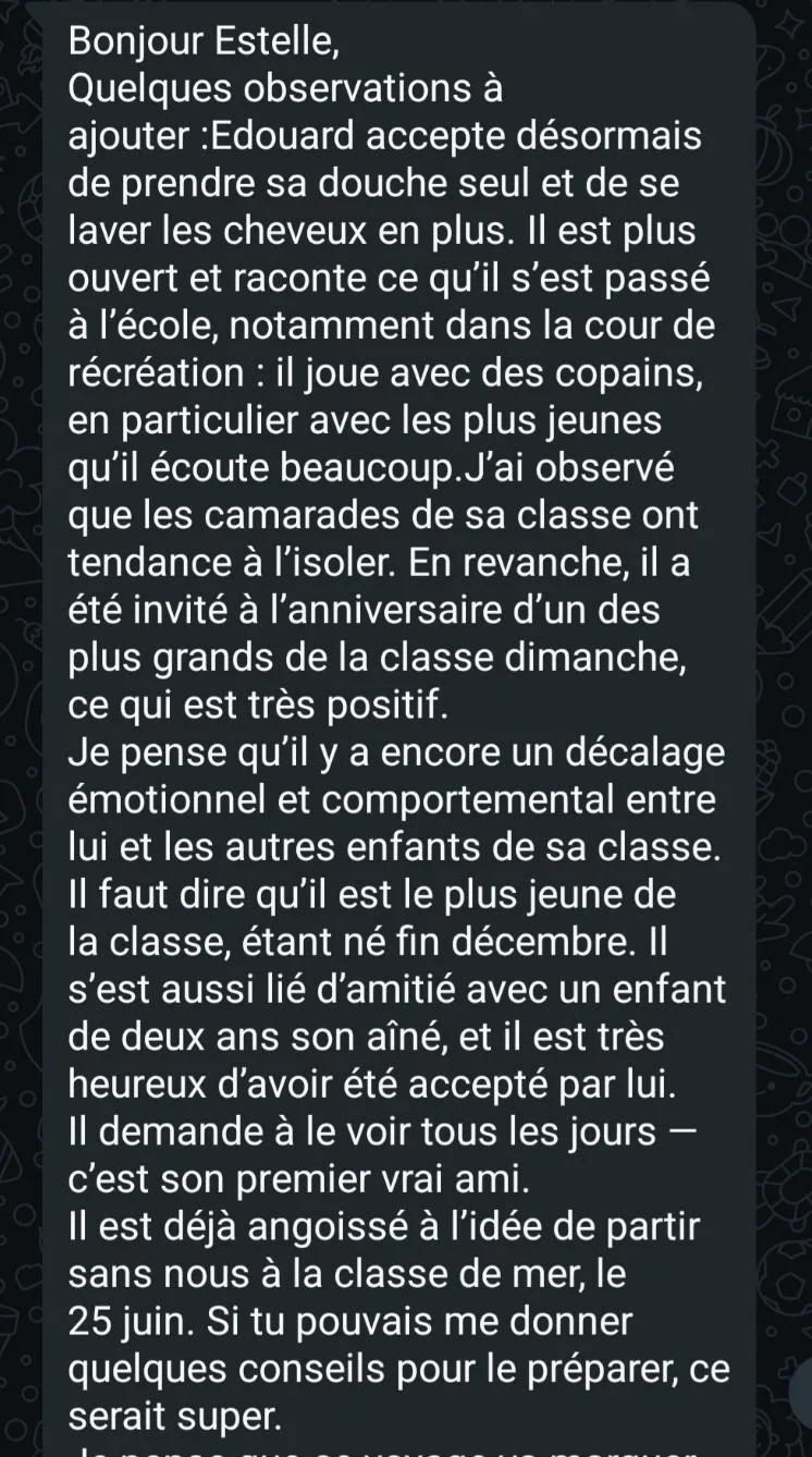 Message d'un parent accompagné par Estelle Olivier — avis n°14
